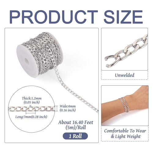 Craftdady 16.4 ft Silver Aluminium Curb Chain 7x4mm Twisted Metal Chain Oval Cross Unwelded Small Chain for Crafts DIY Necklace Bracelet Jewelry Making Supplies - color: Silver,7x4mm