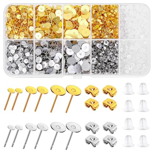 Hypoallergenic Earring Posts and Backs, Caffox 2000pcs Stud Earrings Making Kit with Ear Ring Base and Earring Backs for Leather Stud, Clay, Pearl Jewelry Making (Gold & Silver) - color: Gold & Silver