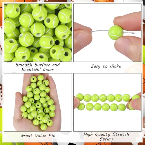 100pcs Tennis Beads with 5.5 Yard Elastic Rope,Acrylic Sports Beads DIY Spacer Bead for Necklace Bracelet Keychains Handmade Jewelry Making Accessories Craft Supplies,12mm(Tennis) - color: Tennis