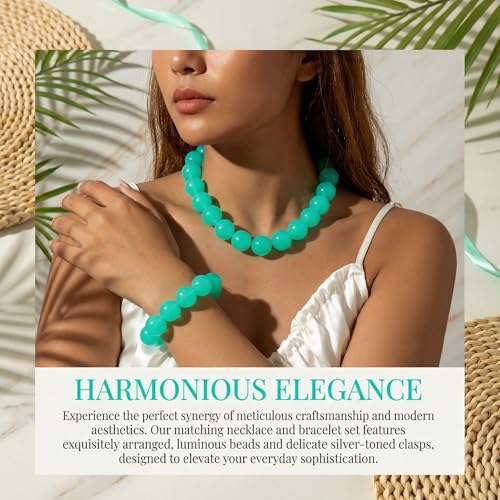 Colorful Chunky Beaded Necklace for Women Acrylic Bead Choker Necklaces Fashion Large Round Beads Necklaces for Women Handmade Summer Jewelry - color: Cyan bracelet + necklace