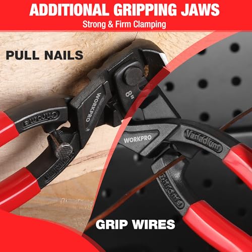 WORKPRO 8 Inch Nail Puller Pliers, High Leverage End Cutting Pliers with Gripping Jaws, Durable CR-V Construction, Ergonomic Handles - for Pulling, Cutting, Gripping Nails or Wires
