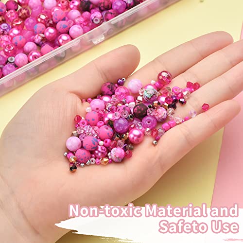 Rired 27 8mm Round Glass Beads Kit, Craft Beads for Bracelet Making, Hot Pink Color with 4mm Bicone Crystal Beads, 2-4mm Spacer Seed Beads for Jewelry Making, Necklace, Phone Charms, DIY Earrings - color: ROSE