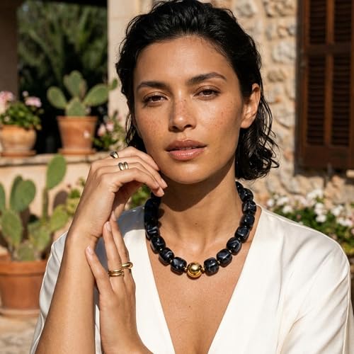 Mchic Colorful Beaded Choker Necklace for Women: Boho Large Square Acrylic Beaded Necklace Stainless Steel Adjustable Surfer Beach Strand Necklaces Summer Handmade Jewelry Gift for Women - color: Black1