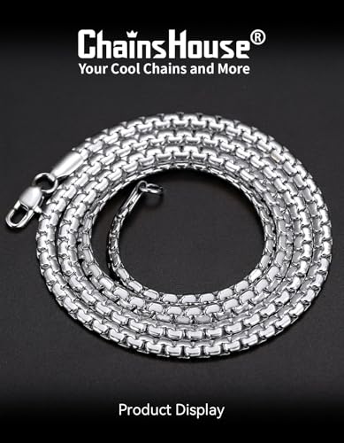 ChainsHouse Flat Box Chain Necklace Men, 2/4/6/8mm Round Link Chain Necklaces, Stainless Steel/Black/14K Gold Plated Mens Jewelry, 14"-30" Length, Come Gift Box - color: A-4mm-stainless, size: 18 Inches
