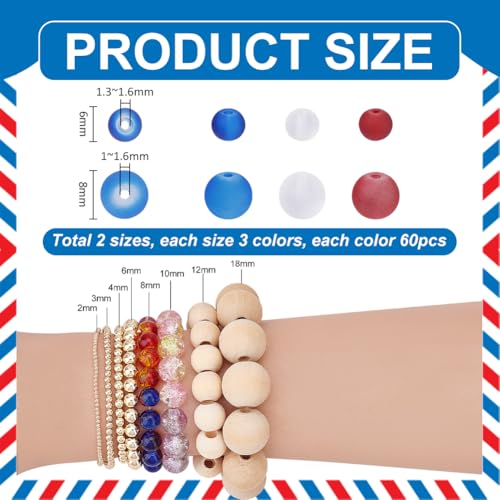 PH PandaHall 360pcs Frosted Glass Beads, 6mm 8mm Matte Round Crystal Beads 3 Colors Red White Blue Patriotic Bead for 4th of July Independence Day Necklace Bracelet Earrings Jewelry Making DIY Crafts