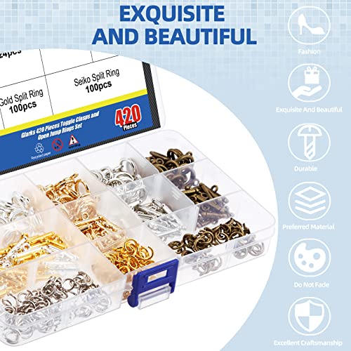 Glarks 420Pcs Toggle Clasps and Open Jump Rings Set 120 Sets 5 Colors Round Toggle Clasps Connectors T-Bar Jewelry Clasp and 300pcs 3 Colors Open Jump Rings for Jewelry Bracelet Necklace Making
