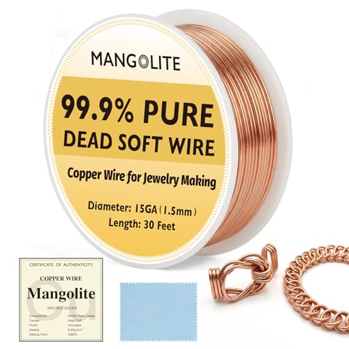 15 Gauge/1.5mm Copper Wire for Jewelry Making – 30 Feet Single Spool with Polishing Cloth & COA – 99.9% Pure Dead Soft Bare & Skin Safe Uncoated Craft Wire for DIY & Medium-Duty Crafts - size: 15 Gauge, style: 5 Ounces
