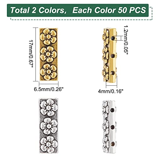 PH PandaHall 100pcs Tibetan Style Alloy Multi-Strand Links 3-Holes Rectangle Spacer Bar Metal Beads with Flower Tibetan Tila Beads for Summer Bracelet Necklace Jewelry Making