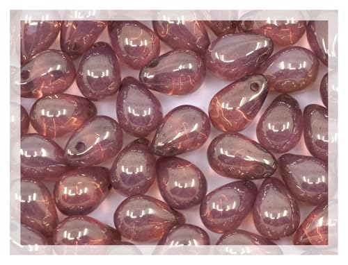 Czech 50-Piece Glass Beads, 6x9mm, Teardrop Opal White Pink Luster (14495) - color: Opal Pink Luster