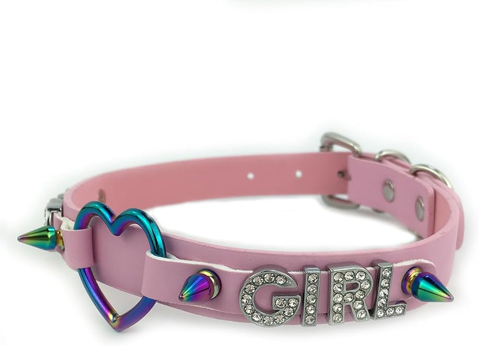 Succuba Handmade Heart Ring Rhinestone Letter Pu Leather Choker Collar Necklace for Women and Men