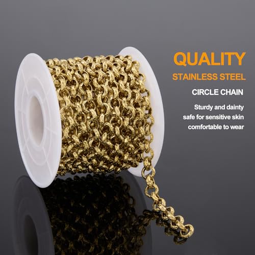 KYUNHOO 9.8FT/3M Gold Chain for Jewelry Making Textured Circle Links on Spool Stainless Steel Jewelry Chains Bulk for Necklace Bracelet DIY with Lobster Clasps Jump Rings - color: Circle Gold