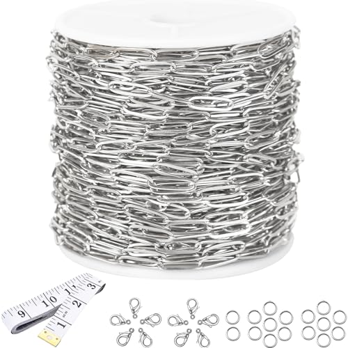 16Ft Stainless Steel Paperclip Chain for Jewelry Making, 4.5mm Width Silver Paper Clip Link Chains Roll for DIY Necklace Bracelet Craft Jewelry Making Supplies with Lobster Clasps Soft Tape Measure - color: Paperclip 4.5mm Silver
