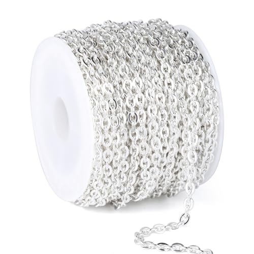 33 Feet Silver Plated Stainless Steel Cable Chain Bulk, 3.5mm 304 Stainless Steel Silver Flat Cable Link Chains Roll Spool for Jewelry Making Necklace DIY Craft - color: Silver Color, size: 3.5mm width