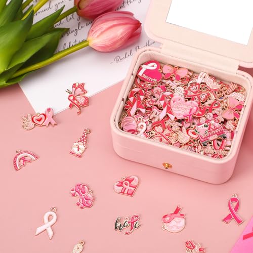 SANNIX 110Pcs Breast Cancer Charms, Pink Ribbon Charm for Jewelry Making, Breast Cancer Awareness Enamel Charm Pendants for Bracelets Necklaces Earrings Craft Making Accessories - style: Breast Cancer Charms