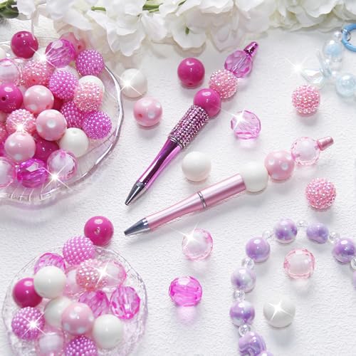 48 Pcs 20mm Beads for Pens Rhinestone Bubblegum Beads Mixed Crystal Acrylic Round Chunky Bead Sparkly Craft Large Balls Bead for Pen Beadable Keychain Bracelet Necklace DIY Jewelry Making Supplies - color: Pink series