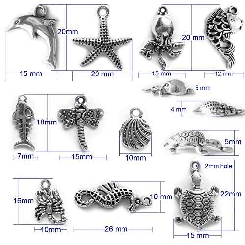 Heather's cf Silver Sea Charms – Antique Pendants, Non-Tarnish, Lead-Free & Nickel-Free, Bulk Ocean Animal Charms for DIY Jewelry, Bracelets, Necklaces, Earrings, Beach Craft Supplies (Sea Animals) - color: Mixed Sea Charms - 100 Pc