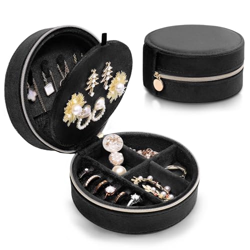 CONBOLA Travel Jewelry Case Small Jewelry Box for Women Girls,Round Velvet Jewelry Travel Organizer,Portable Jewelry Box for Rings Earrings Necklaces Bracelets.(Black,Large) - color: Black, size: Large