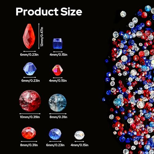1000PCS Red Blue Glass Beads 4th of July Crystal Patriotic DIY Bracelets Beads for Jewelry Necklace Wristband Earring Key Chain Crafts Kit (Red, Blue, White) - color: Red, Blue, White