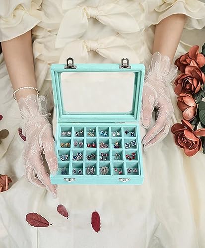Velvet Jewelry Box 24 Grid Jewelry Earrings Display Organiser Box Ring Tray Holder Earrings Storage Case for Girls Women Wife Mom (Light blue) - color: Light blue