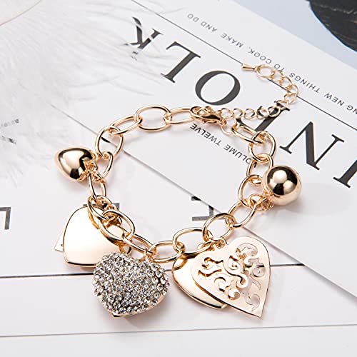 SILANER Gold Chain Link Bracelet - 7"+ 2" Extender 14K Gold Plated Love Locked Bracelets for Women, with Crystal, Love Heart,Key, Lock, Charm Bracelet - color: Ture Love Charm