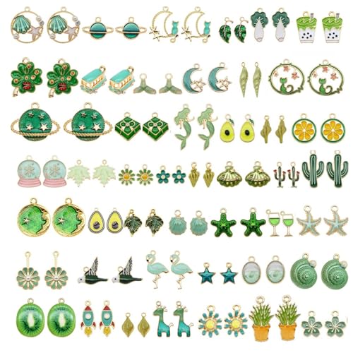 JJG Wholesales 80pcs(40PAIRS) Assorted Gold Tone GREEN Theme Enamel Dainty Dangle Pendants Charms for Earrings Jewelry Making Necklace Bracelet Craft Findings - color: GREEN