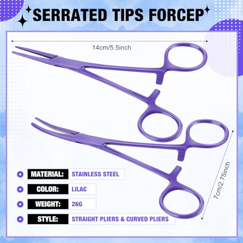 BBTO Hemostat Curved and Straight Hemostat Forceps Piercing Pliers Forceps, Stainless Steel Straight and Curved Pliers, Fishing Tweezer(Lilac,2 Pcs) - color: Lilac