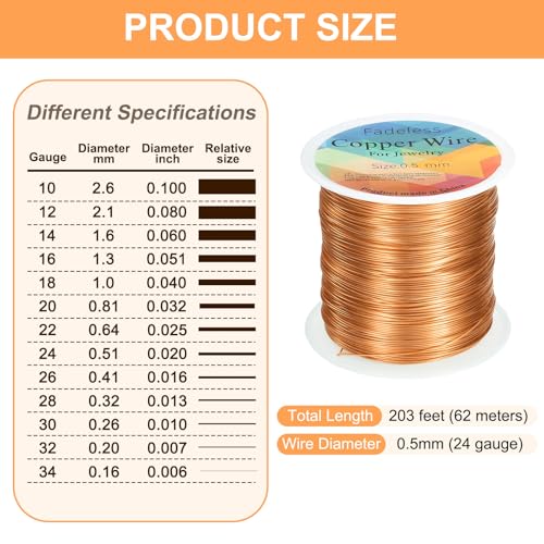 HARFINGTON Wire 203ft Length 24 Gauge Copper Craft Jewelry Wrapping Wire Tarnish Resistant Beading for Jewelry Making Supplies Crafting, Rose Gold - color: Rose Gold