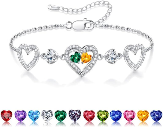 Iefil Valentines Day Gifts for Her - 925 Sterling Silver Heart Birthstone Bracelet Birthday Anniversary Jewelry Gifts for Her Wife