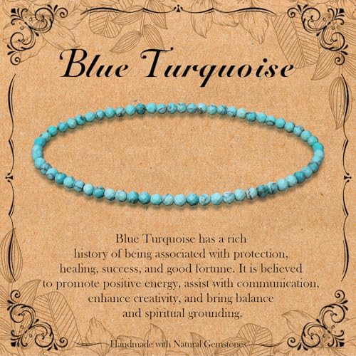BONNY BOXX Natural Genuine Gemstone Faceted Round Beads Bracelets, 3mm Adjustable Stretchy Tiny Faceted Black Tourmaline Bracelet, Healing Crystal Reiki Chakra Dainty Jewelry Fashion Gifts - color: Blue Turquoise