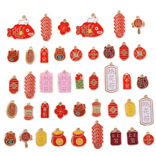 Bulk Gold Enamel Charms for Jewelry Making, Colorful Metal Charms Pendant for Bracelet Necklace and Crafting - color: Chinese Style Red
