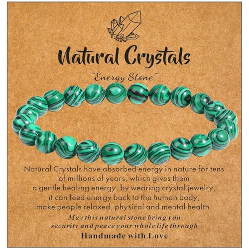 MAIBAOTA Healing Crystal Bracelet for Women Men, 8/4 mm Natural Stone Beaded Bracelets, Jewelry Birthday Gifts, Round Gemstones Stretch Bracelets - color: Green-Malachite, size: 8 mm