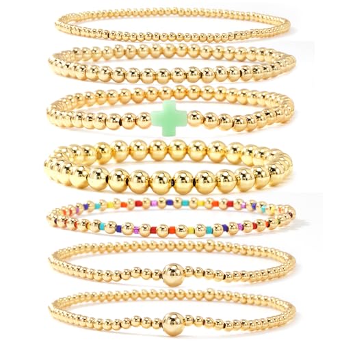 14K Gold Beaded Cross Beaded Bracelet Stack Set for Women,7PCS Bohemian Colorful Beads Ball Stretch Stackable Bracelets Trendy Holiday Birthday Gift - color: Green