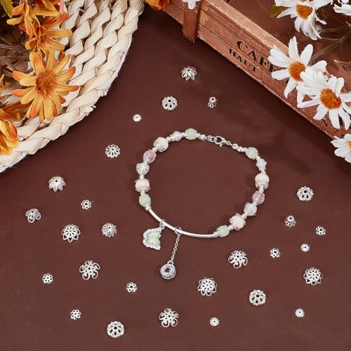 PH PandaHall 1440pcs 12 Styles Bead Caps, Bulk Silver Flower Spacer Beads Caps Metal Filigree Flower Spacer Beads Alloy Jewelry Bead End Cap for Bracelet Necklace Earrings Jewelry Making Supplies
