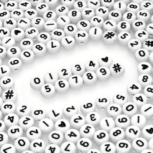 Amaney 500pcs Number Beads 7x4mm 0-9 Heart # White Acrylic Plastic Round Shape Loose Beads - color: White-#, size: 7x4mm
