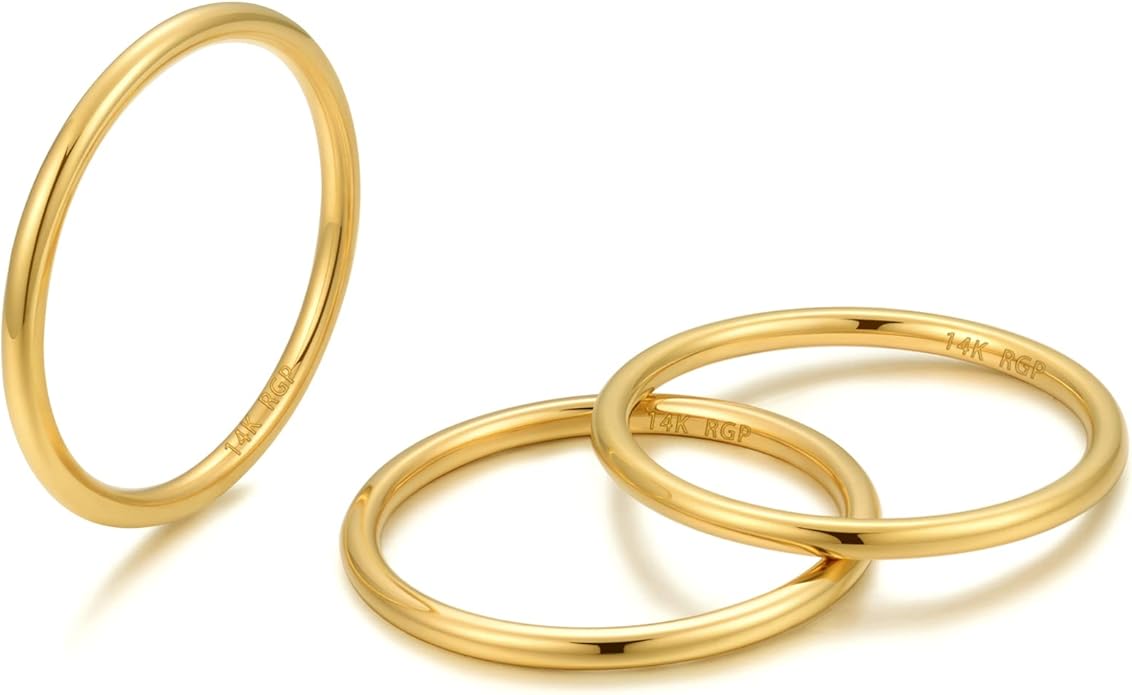 NOKMIT 1mm 14K Gold Filled Rings for Women Girls Thin Gold Ring Dainty Cute Stacking Stackable Thumb Pinky Band Non Tarnish Comfort Fit Size 4 to 11 1PC/2PCS/3PCS