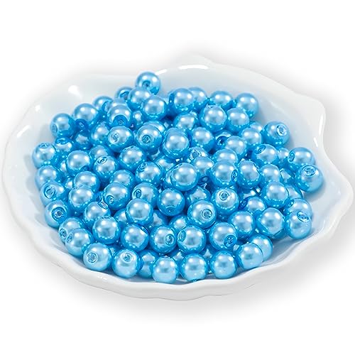 200Pcs Glass Pearl Beads Faux Pearls Round Czech Tiny Satin Luster Spacer Loose Beads Bulk with Holes Handcrafted for DIY Bracelets Jewelry Making Crafts Supplies (6MM, Sky Blue) - color: Sky Blue, size: 6MM