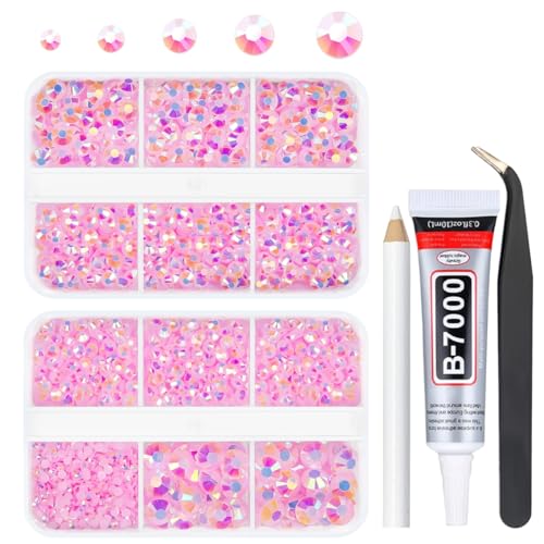 qiipii Light Pink AB Resin Rhinestones w B7000 Glue for Bedazzling Crafting Flatback Jelly Stones 2mm 3mm 4mm 5mm 6mm Diamonds Crystals Gems for Nails Face Eyes Makeup Tumblers Bottles Crafts Clothes - color: Light Pink AB