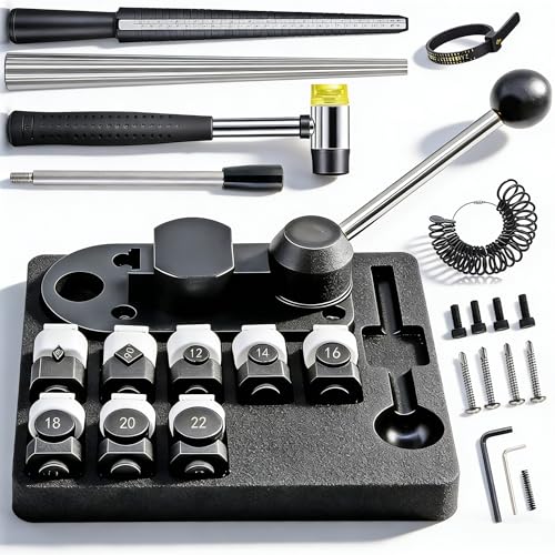 GEMKIT 27-Piece Ring Bending Tool Kit, 12-22mm Round & 60/90° Square Dies, Nylon Protective Molds, Multi-Scale Ring Sizer US/EU/UK/FR, Polishing Accessories for Jewelry Making | Model HH-B05L - color: B05L