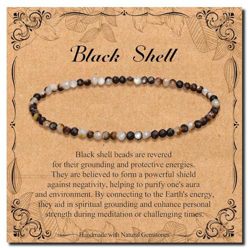 BONNY BOXX Natural Genuine Gemstone Faceted Round Beads Bracelets, 3mm Adjustable Stretchy Tiny Faceted Black Tourmaline Bracelet, Healing Crystal Reiki Chakra Dainty Jewelry Fashion Gifts - color: Black Shell