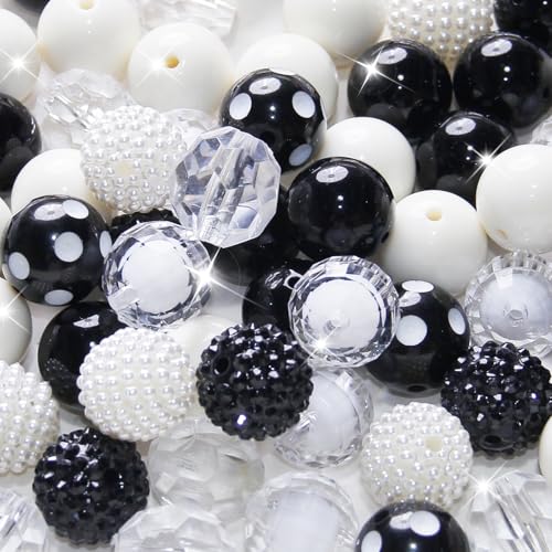 48 Pcs 20mm Beads for Pens Rhinestone Bubblegum Beads Mixed Crystal Acrylic Round Chunky Bead Sparkly Craft Large Balls Bead for Pen Beadable Keychain Bracelet Necklace DIY Jewelry Making Supplies - color: Black series