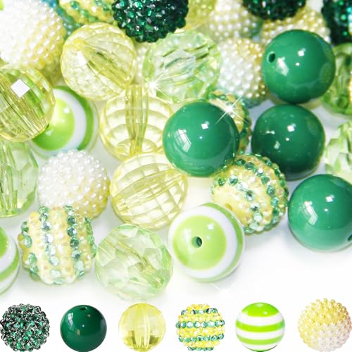 48 Pcs 20mm Beads for Pens Rhinestone Bubblegum Bead Green Crystal Acrylic Round Chunky Bead Sparkly Craft Large Balls Beads for Pen Beadable Keychain Bracelet Necklace DIY Jewelry Making Supplies - color: Green