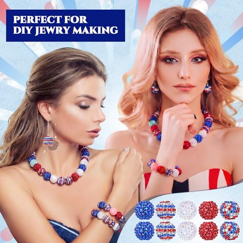 40 Pcs 20 mm Rhinestone Beads Bulk Crystal Round Disco Ball Chunky Bubblegum Beads for Pens Bracelets Charms Craft European Style Jewelry Making Supplies Christmas (4th of July Color) - color: 4th of July Color