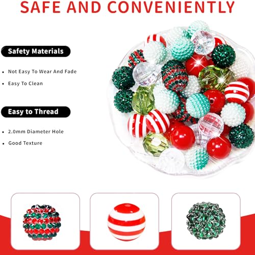Exway 48 Pcs 20mm Red Green Acrylic Resin Rhinestone Bubblegum Beads, Round, Large, Sparkly Craft Beads for Pen, Beadable Keychain, Bracelet, Necklace, DIY Jewelry Making Supplies - color: Christmas
