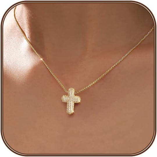 OGD Bubble Cross Necklace for Women 14k Gold Plated Cross Necklace Stackable Dainty Gold Necklace Mariner Chain Necklace CZ Cross Pendant Necklaces Set Simple Jewelry Gift