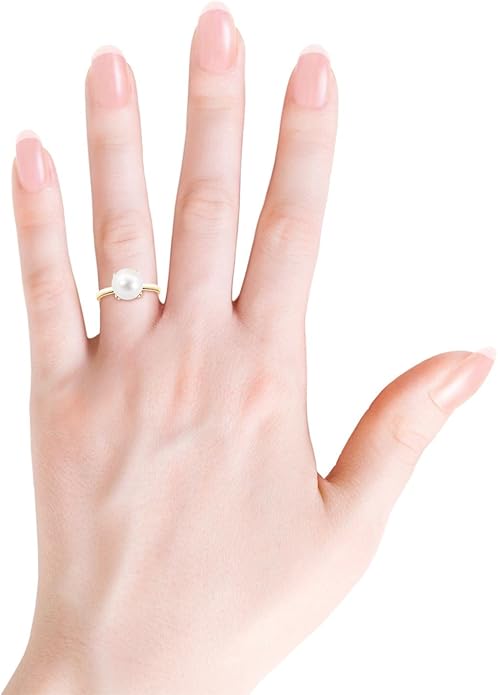 Angara Freshwater Pearl Solitaire Ring for Women | Round Freshwater Cultured Pearl Solitaire Ring in 14K Solid Gold/Silver | June Birthday, Anniversary, Gemstone Jewellery Gift