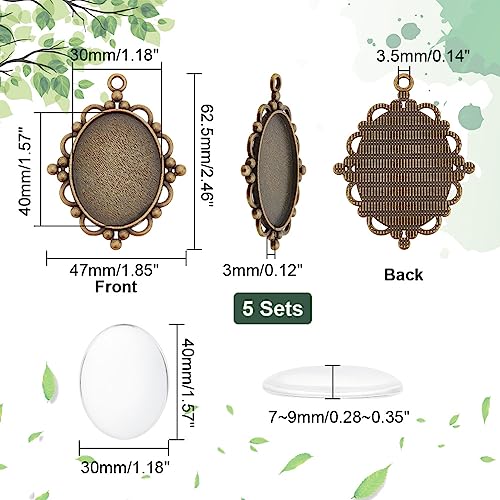 PH PandaHall 5pcs Pendant Tray Oval Charms Cabochon Bezel and 5pcs 40x30mm Glass Cabochon Dome Tiles Clear Cameo Memorial Photo Pendant for Bouquet Wedding Brides Graduation Charm - color: Antique Bronze Oval - 5 Sets