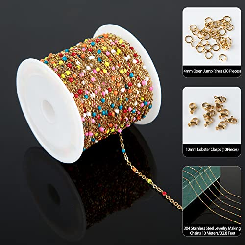 UMAOKANG 33 Feet/10 Meters Colorful Beaded Stainless Steel Jewelry Chains Gold Plated Cable Link Chain for Jewelry Making with 10 Lobster Clasps and 30 Jump Rings - color: Colorful Bead-Gold