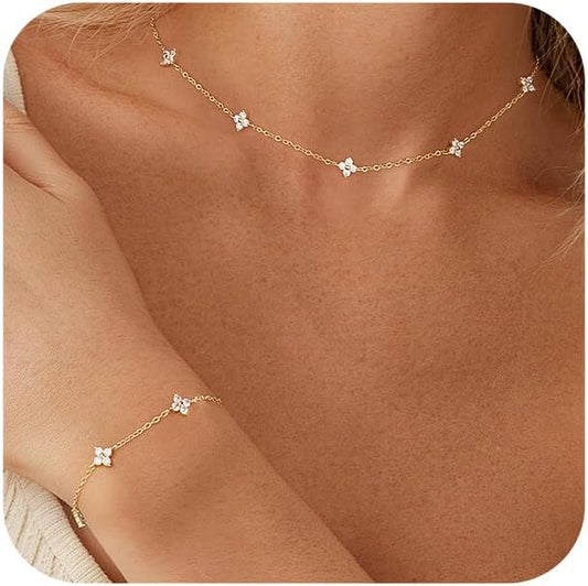 Yougeigy Gold Jewelry Set for Women, Dainty Necklaces 14k Gold Plated Prom Lariat Necklace Trendy Stuff Fashion Cubic Zirconia Simulated Diamond Gold Bracelets, Choker Necklace Jewelry Gifts