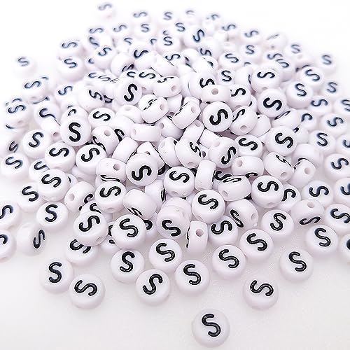 200+ Pieces 4x7mm Single S Letter Beads for Jewelry Making, White Round Acrylic Bulk Alphabet (Black on White) - size: Single Letter S 200+ Pcs