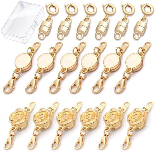 ROADPLUM 18 Pcs 3 Styles Magnetic Necklace Clasps and Closures, Rose Round Cylindrical Jewelry Magnetic Clasp Connector Locking Magnetic Clasp Bracelet Extender for Jewelry Making (Gold) - color: Gold